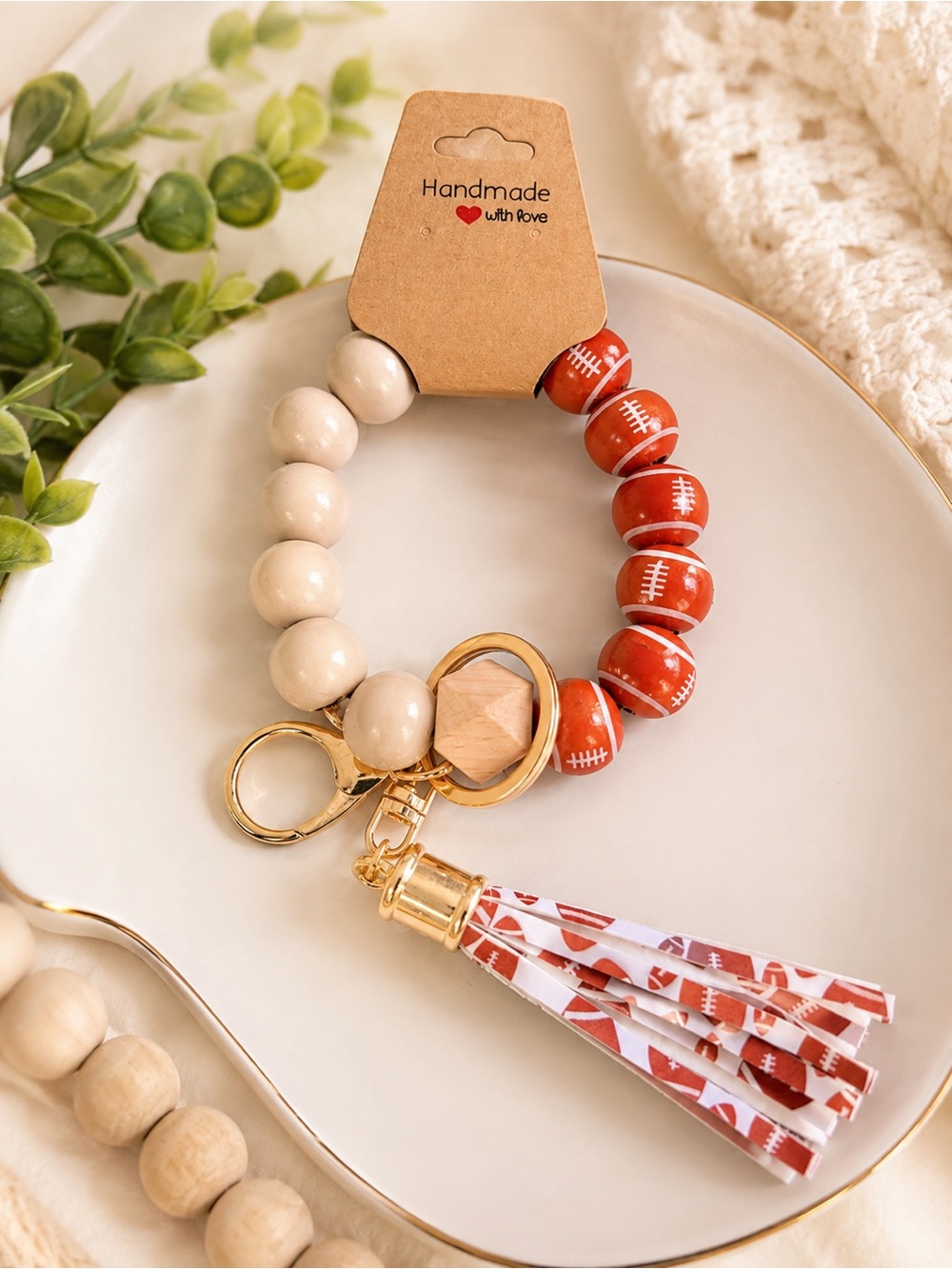 Handmade Beaded Football Keychain Bracelet